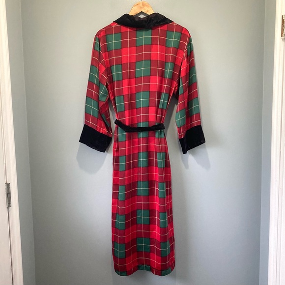 90s Vintage Silk & Velvet Belted Robe La Senza Green and Black Plaid - Picture 12 of 12